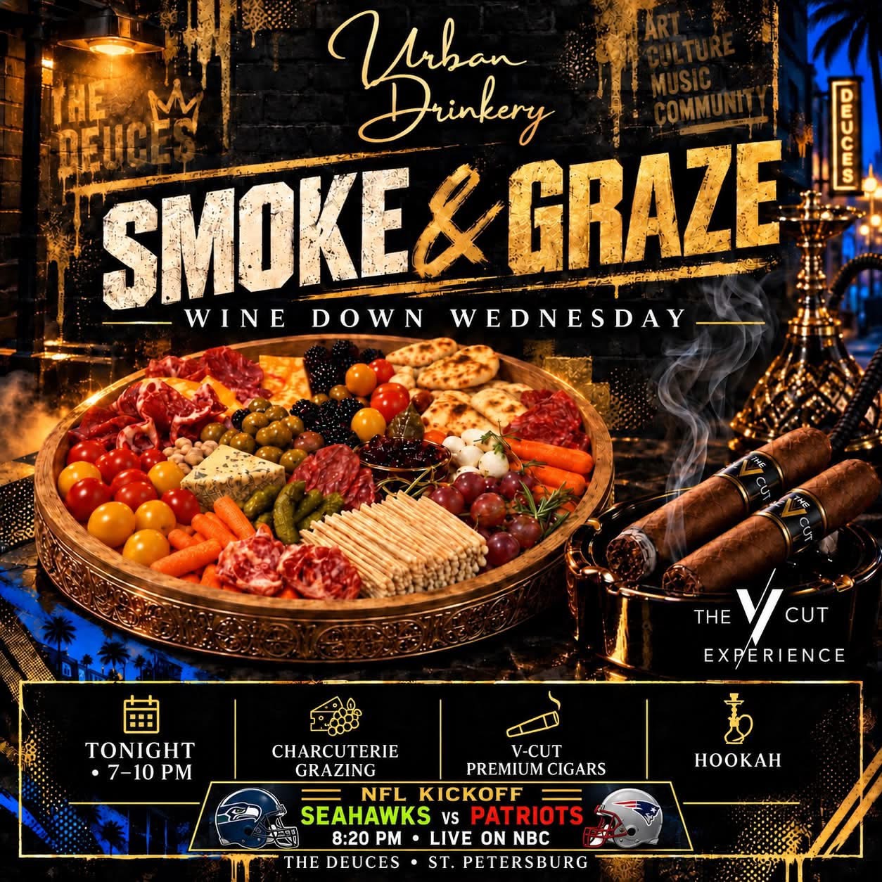 Smoke and Graze Wine Down Wednesday at Urban Drinkery featuring charcuterie, premium cigars and hookah