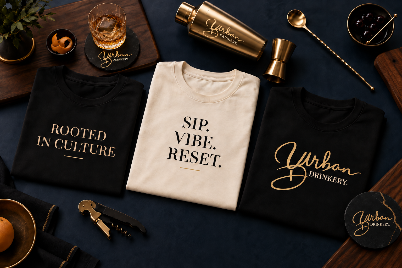 Urban Drinkery collection featuring Rooted in Culture, Sip Vibe Reset and Urban Drinkery shirts with gold bar accessories